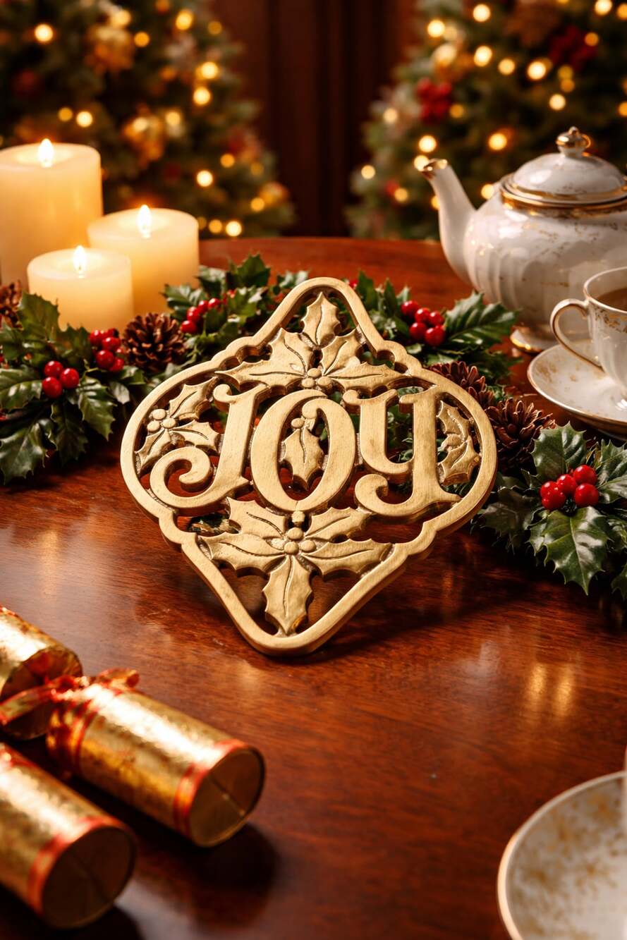 Avon Joy Christmas Holly Cast Iron Trivet Plaque Gold